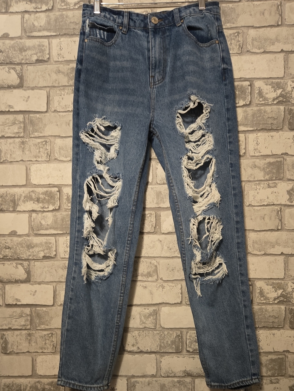 refuge Distressed Blue Straight Leg Mom Jeans
